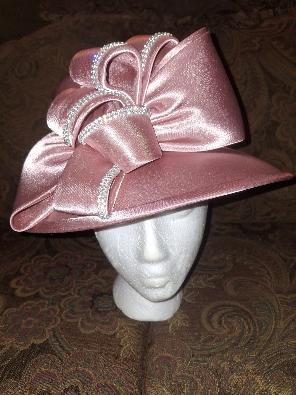 Satin Bow Trim Pink Dress Hat with Crystal Accent